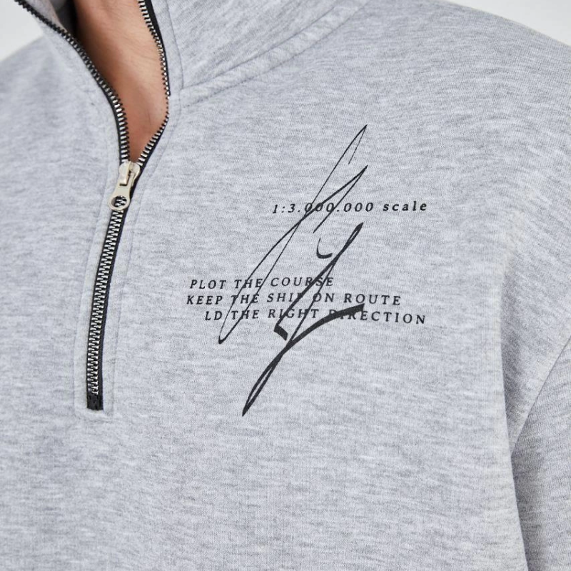 Yarım Fermuarlı Baskılı Sweat - Gri -