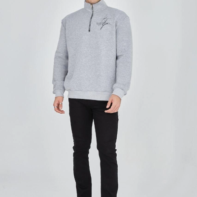 Yarım Fermuarlı Baskılı Sweat - Gri -