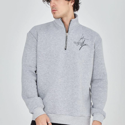 Yarım Fermuarlı Baskılı Sweat - Gri -