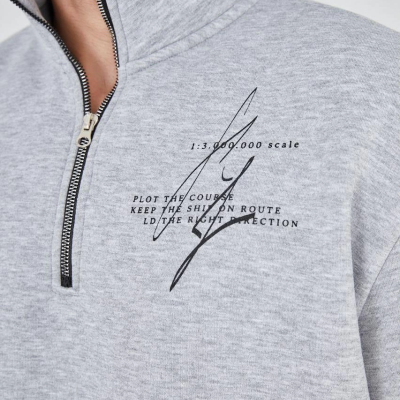 Yarım Fermuarlı Baskılı Sweat - Gri -