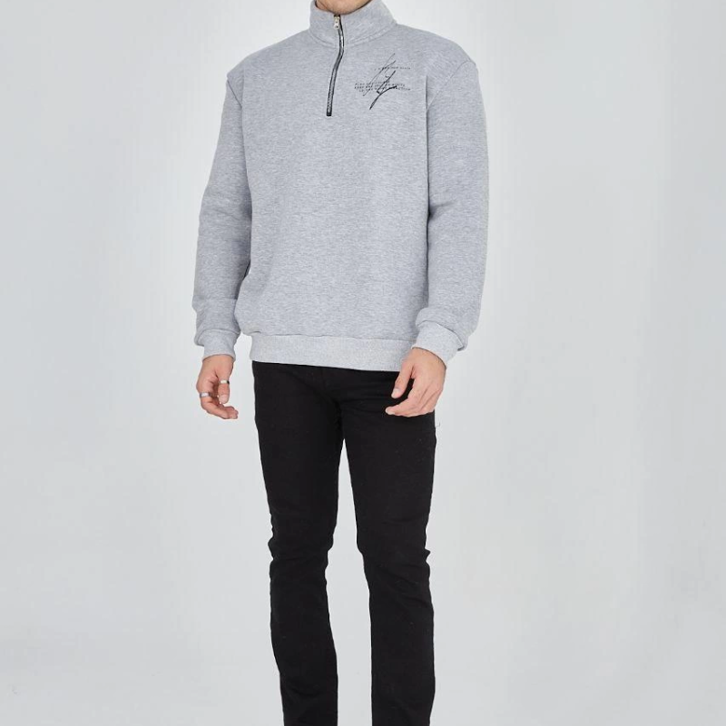 Yarım Fermuarlı Baskılı Sweat - Gri -