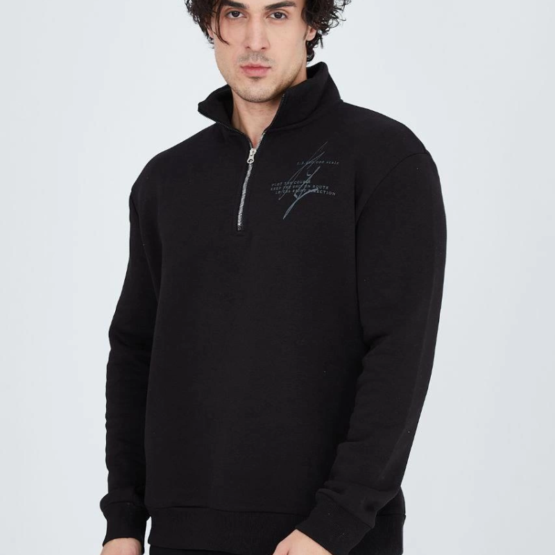 Yarım Fermuarlı Baskılı Sweat - Siyah