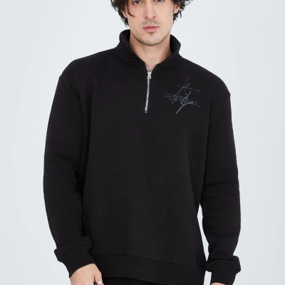 Yarım Fermuarlı Baskılı Sweat - Siyah