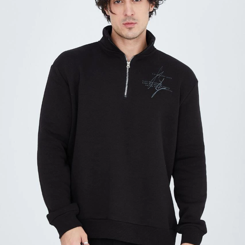 Yarım Fermuarlı Baskılı Sweat - Siyah
