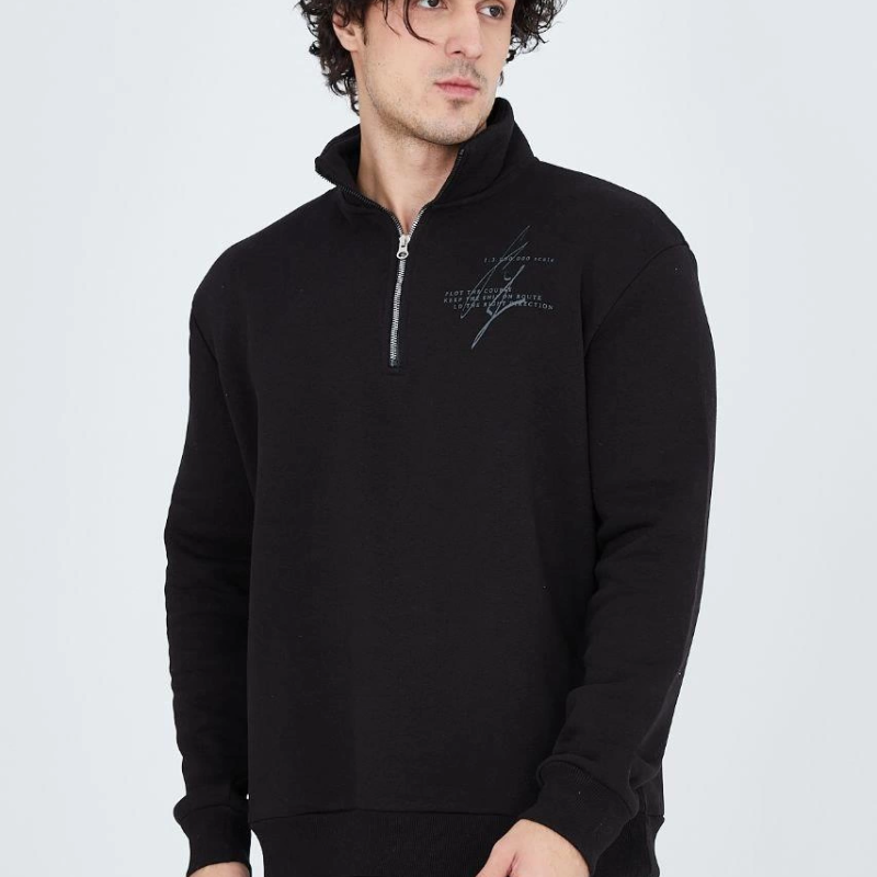 Yarım Fermuarlı Baskılı Sweat - Siyah