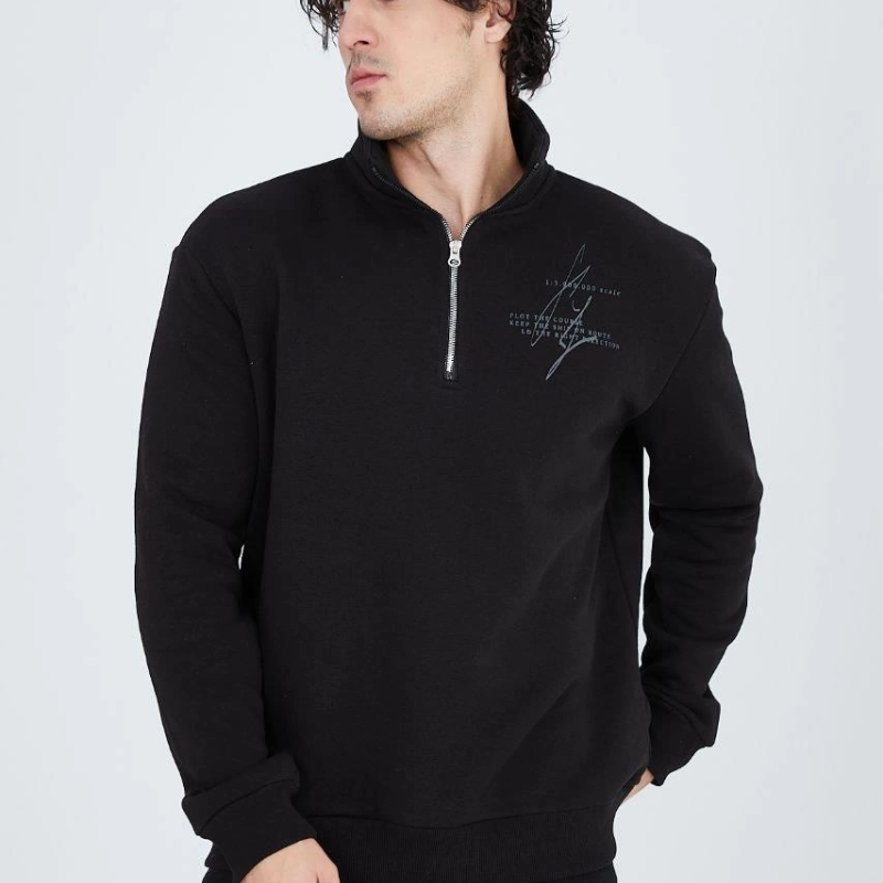 Yarım Fermuarlı Baskılı Sweat - Siyah