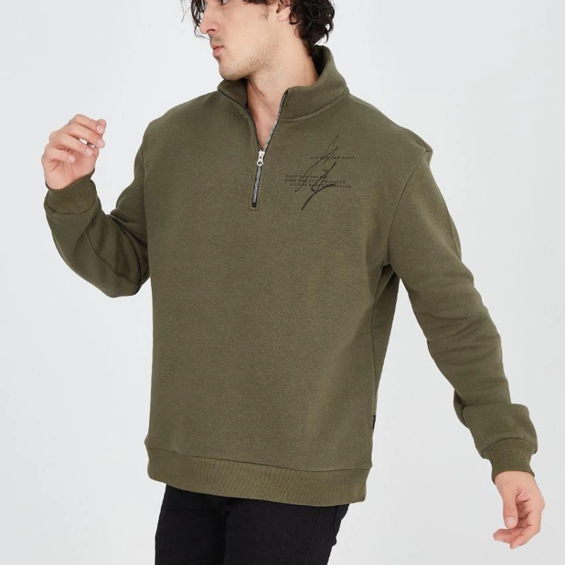 Yarım Fermuarlı Baskılı Sweat - Yeşil -