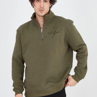 Yarım Fermuarlı Baskılı Sweat - Yeşil -