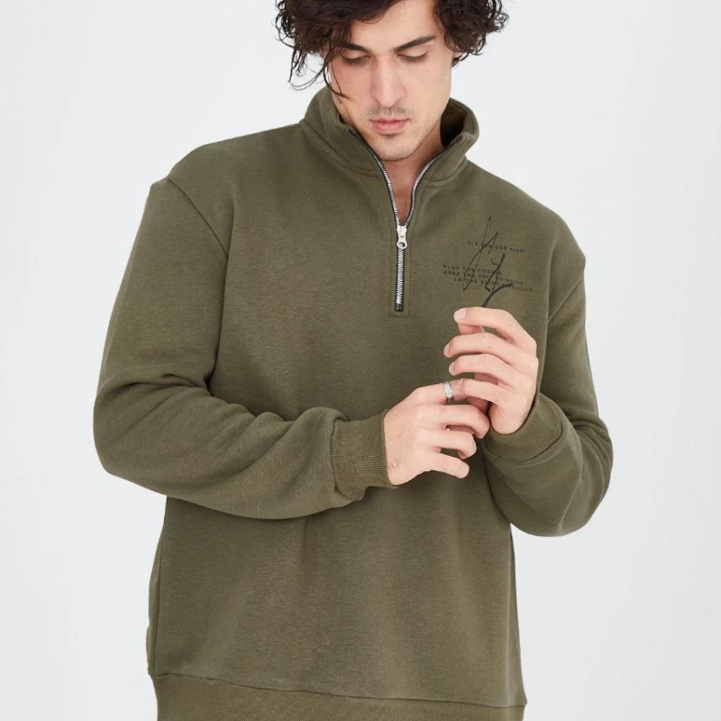 Yarım Fermuarlı Baskılı Sweat - Yeşil -