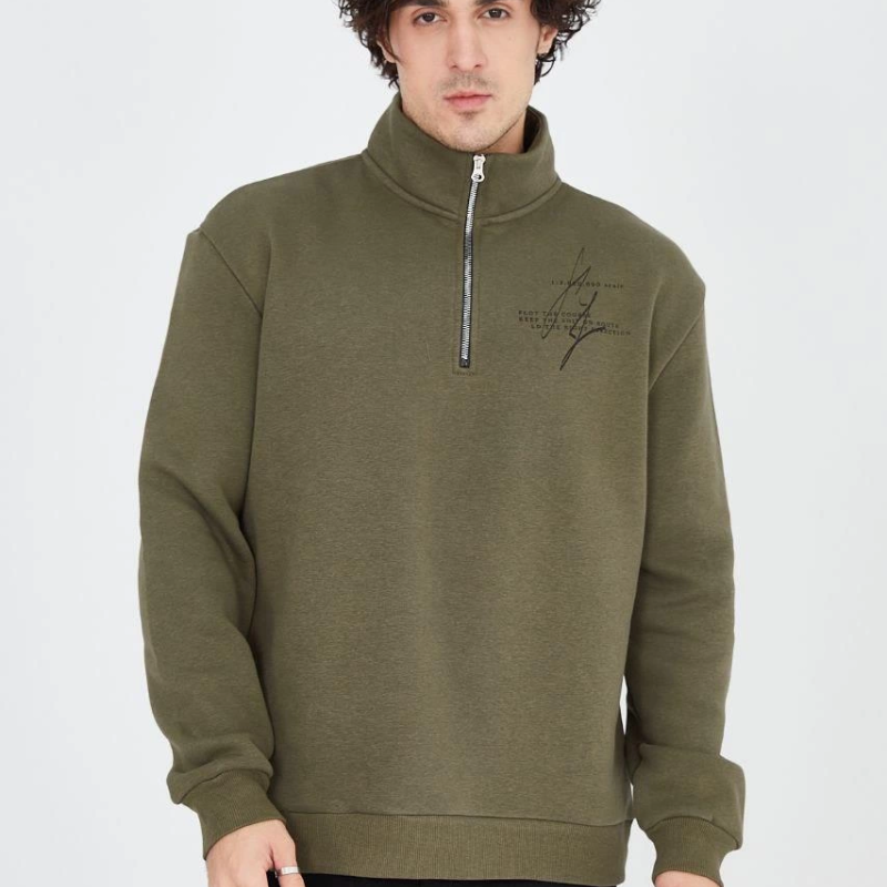 Yarım Fermuarlı Baskılı Sweat - Yeşil -