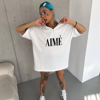 Yarım Fermuarlı Baskılı T-Shirt - Beyaz