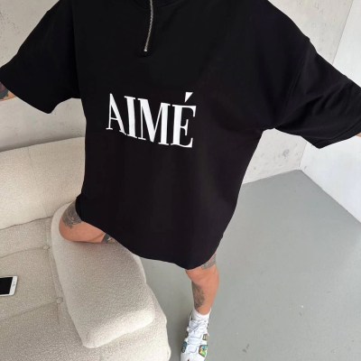 Yarım Fermuarlı Baskılı T-Shirt - Siyah -