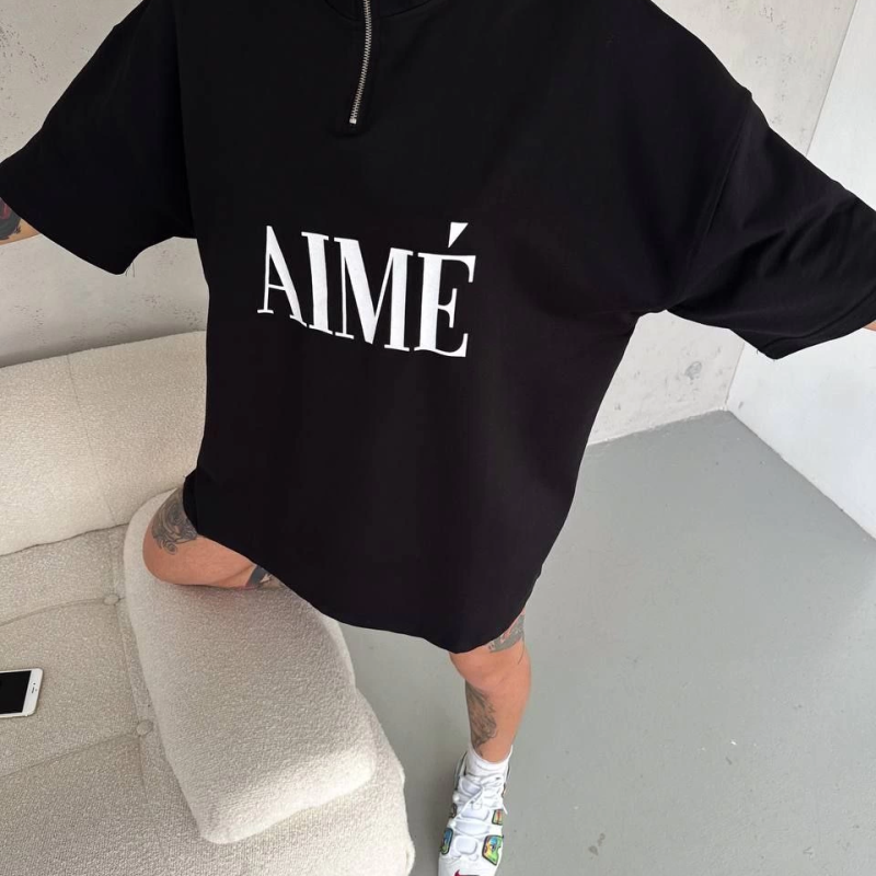 Yarım Fermuarlı Baskılı T-Shirt - Siyah -