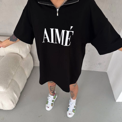 Yarım Fermuarlı Baskılı T-Shirt - Siyah -