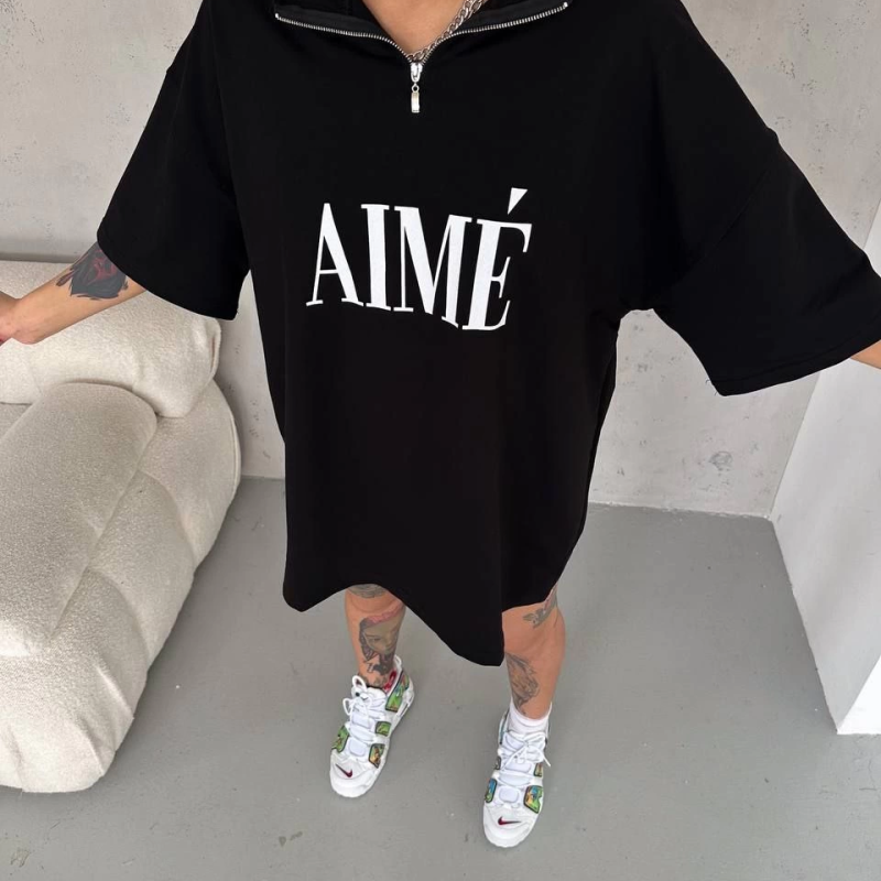 Yarım Fermuarlı Baskılı T-Shirt - Siyah -