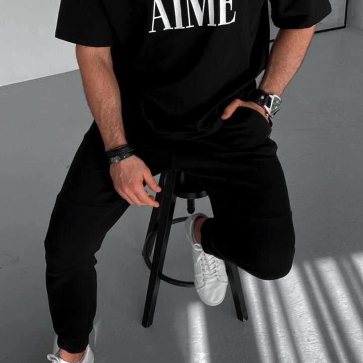 Yarım Fermuarlı Baskılı T-Shirt - Siyah -