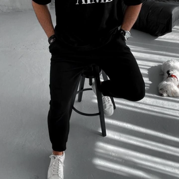 Yarım Fermuarlı Baskılı T-Shirt - Siyah -