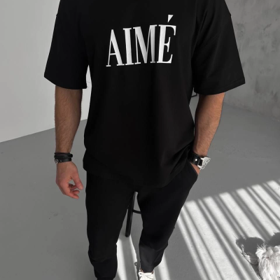 Yarım Fermuarlı Baskılı T-Shirt - Siyah -