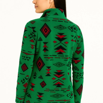 Yarım Fermuarlı Desenli Polar Sweat Tribal Etnik Desen Yakalı, Uzun Kollu, Oversize Rahat Kalıp - Yeşil -