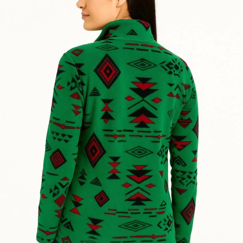 Yarım Fermuarlı Desenli Polar Sweat Tribal Etnik Desen Yakalı, Uzun Kollu, Oversize Rahat Kalıp - Yeşil -