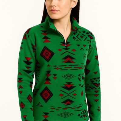 Yarım Fermuarlı Desenli Polar Sweat Tribal Etnik Desen Yakalı, Uzun Kollu, Oversize Rahat Kalıp - Yeşil -