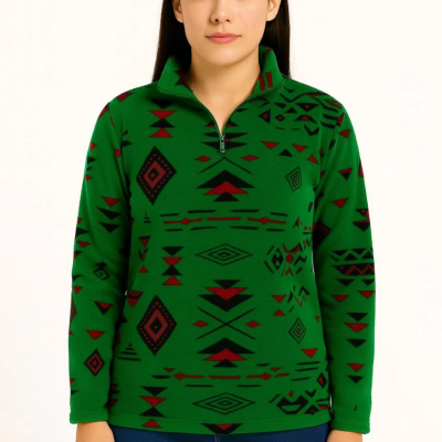 Yarım Fermuarlı Desenli Polar Sweat Tribal Etnik Desen Yakalı, Uzun Kollu, Oversize Rahat Kalıp - Yeşil -