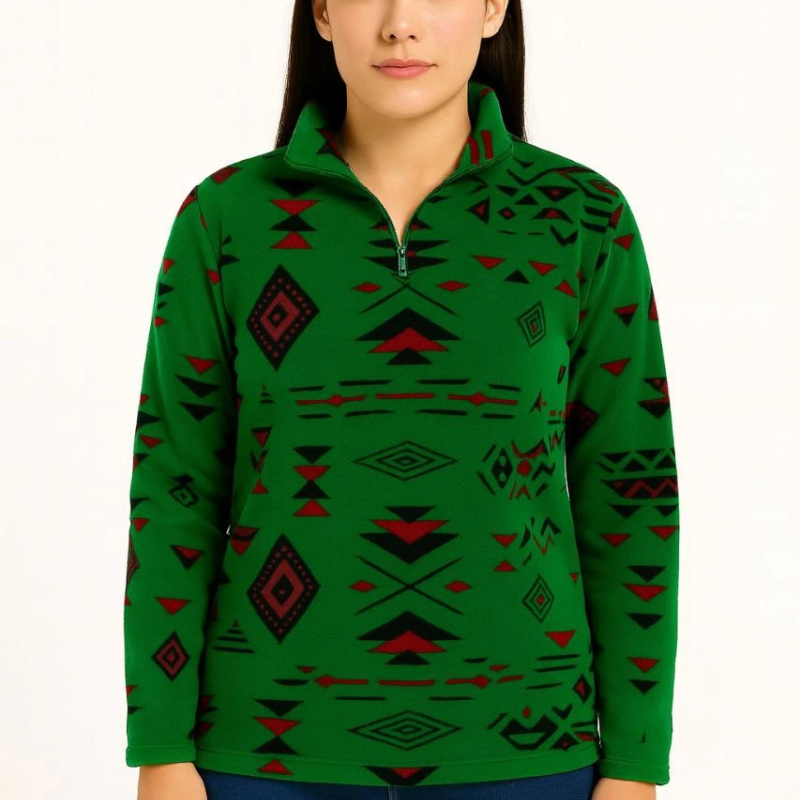 Yarım Fermuarlı Desenli Polar Sweat Tribal Etnik Desen Yakalı, Uzun Kollu, Oversize Rahat Kalıp - Yeşil -