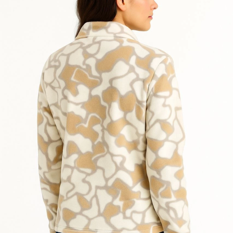 Yarım Fermuarlı Desenli Polar Sweat Yakalı, Uzun Kollu, Oversize Rahat Kalıp - Bej -