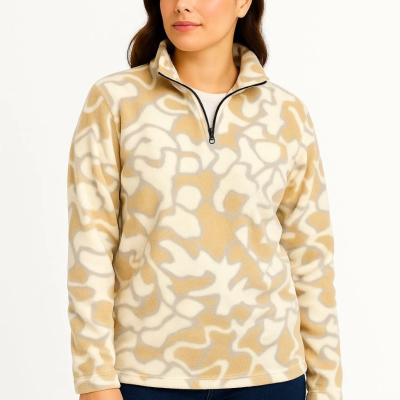 Yarım Fermuarlı Desenli Polar Sweat Yakalı, Uzun Kollu, Oversize Rahat Kalıp - Bej -