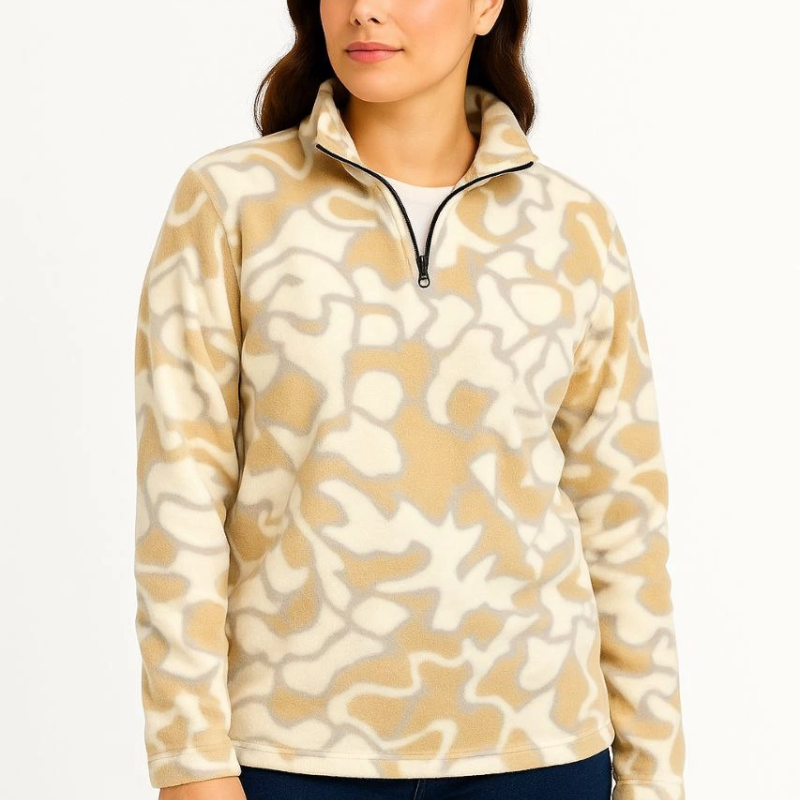 Yarım Fermuarlı Desenli Polar Sweat Yakalı, Uzun Kollu, Oversize Rahat Kalıp - Bej -