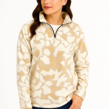 Yarım Fermuarlı Desenli Polar Sweat Yakalı, Uzun Kollu, Oversize Rahat Kalıp - Bej -