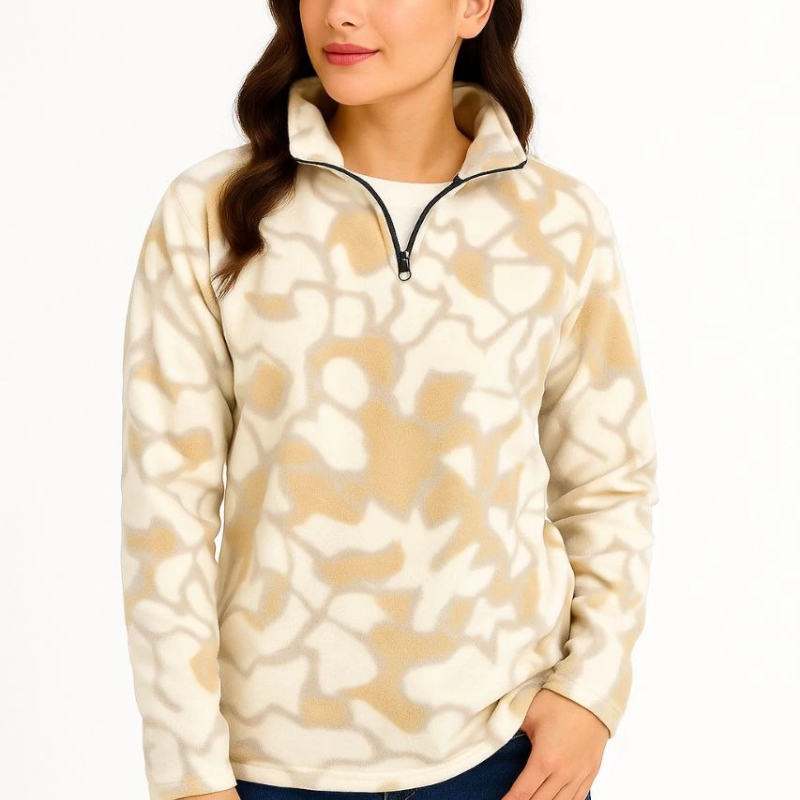 Yarım Fermuarlı Desenli Polar Sweat Yakalı, Uzun Kollu, Oversize Rahat Kalıp - Bej -