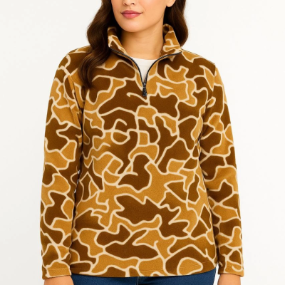 Yarım Fermuarlı Desenli Polar Sweat Yakalı, Uzun Kollu, Oversize Rahat Kalıp - Kahverengi -