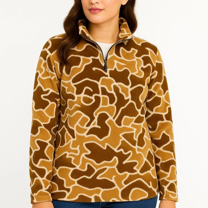 Yarım Fermuarlı Desenli Polar Sweat Yakalı, Uzun Kollu, Oversize Rahat Kalıp - Kahverengi -