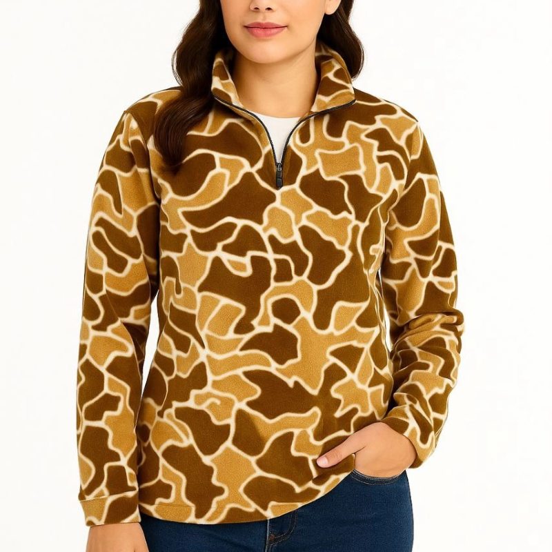 Yarım Fermuarlı Desenli Polar Sweat Yakalı, Uzun Kollu, Oversize Rahat Kalıp - Kahverengi -