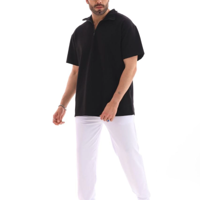 Yarım Fermuarlı Düz Oversize T-shirt - Siyah -