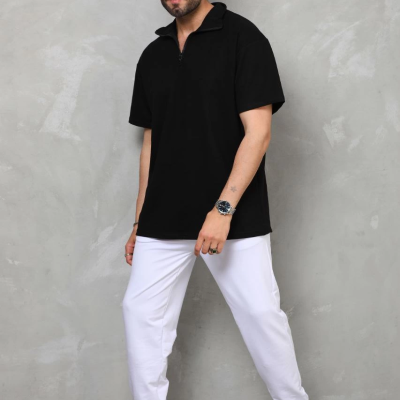 Yarım Fermuarlı Düz Oversize T-shirt - Siyah -