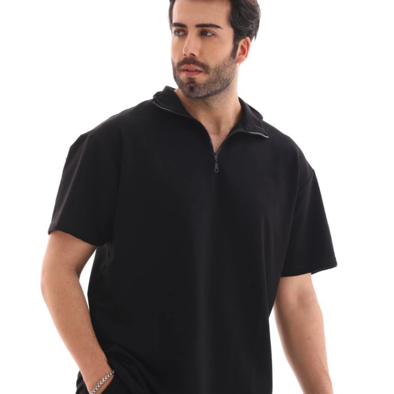 Yarım Fermuarlı Düz Oversize T-shirt - Siyah -
