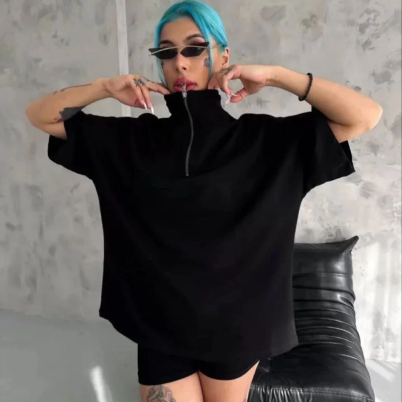 Yarım Fermuarlı Düz Oversize T-Shirt - Siyah -