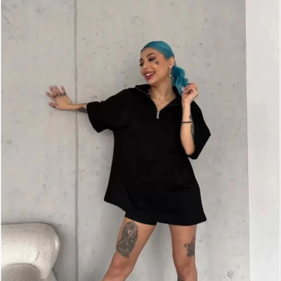 Yarım Fermuarlı Düz Oversize T-Shirt - Siyah -