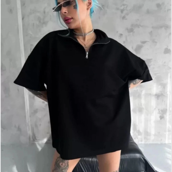 Yarım Fermuarlı Düz Oversize T-Shirt - Siyah -