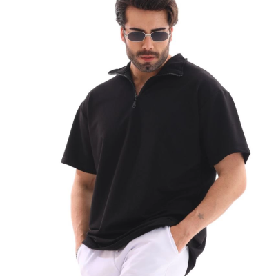 Yarım Fermuarlı Düz Oversize T-shirt - Siyah -
