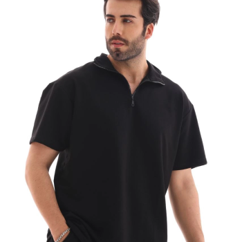 Yarım Fermuarlı Düz Oversize T-shirt - Siyah -
