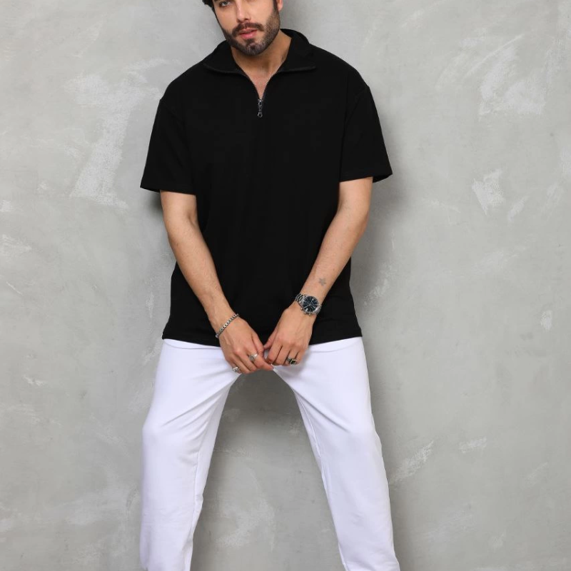 Yarım Fermuarlı Düz Oversize T-shirt - Siyah -