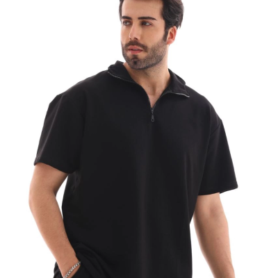 Yarım Fermuarlı Düz Oversize T-shirt - Siyah -