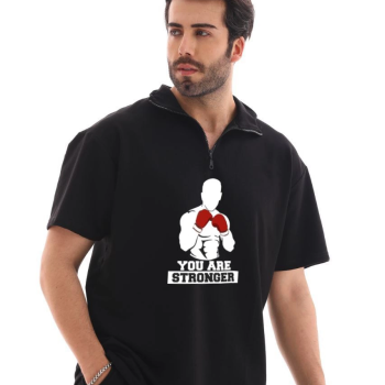Yarım Fermuarlı Oversize Baskılı T-Shirt - Siyah -
