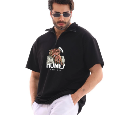 Yarım Fermuarlı Oversize Baskılı T-Shirt - Siyah -