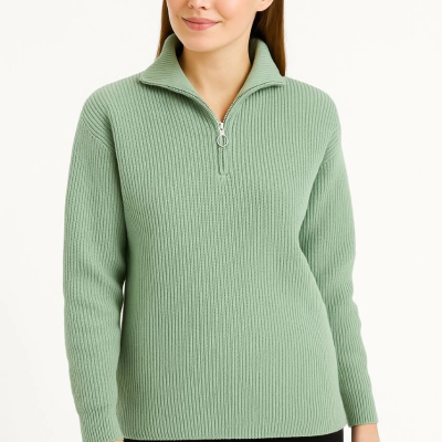 Yarım Fermuarlı Triko Kazak - Mint Yeşili -