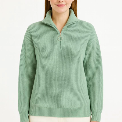 Yarım Fermuarlı Triko Kazak - Mint Yeşili -