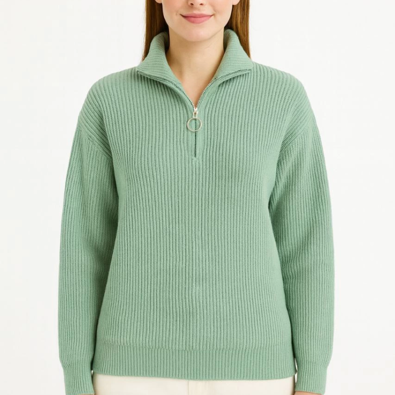 Yarım Fermuarlı Triko Kazak - Mint Yeşili -